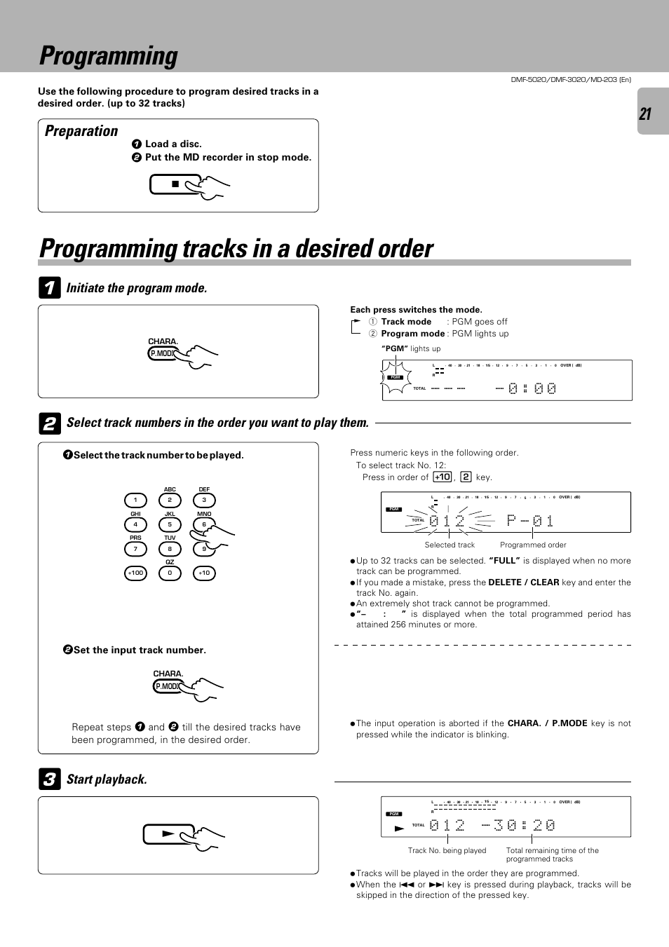 Programming, Programming tracks in a desired order, Preparation | Initiate the program mode, Load a disc, Put the md recorder in stop mode, Select the track number to be played, Set the input track number. repeat steps | Kenwood DMF-5020 User Manual | Page 21 / 56