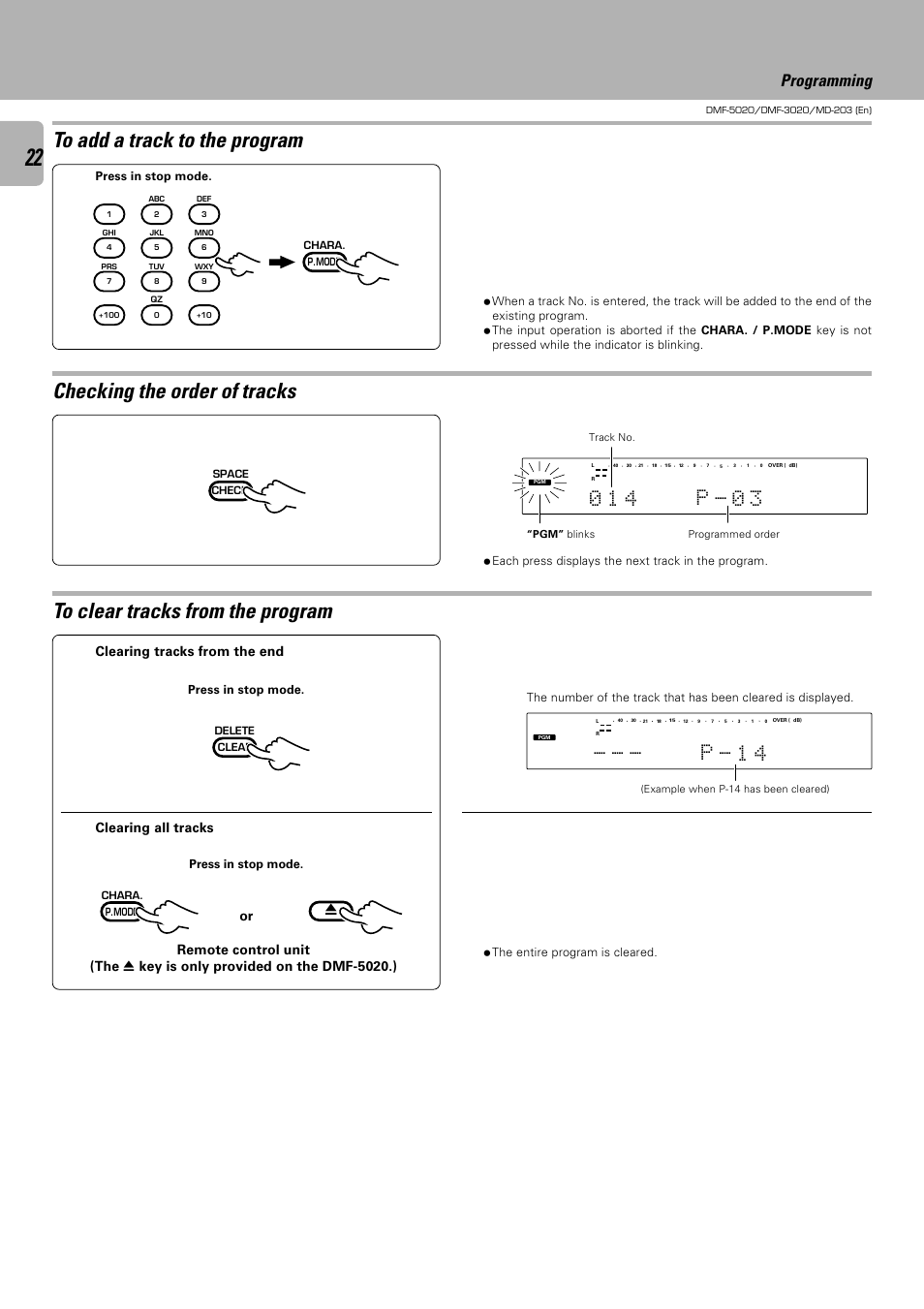 P - 1 4, Programming, Clearing tracks from the end | Clearing all tracks, Press in stop mode | Kenwood DMF-5020 User Manual | Page 22 / 56