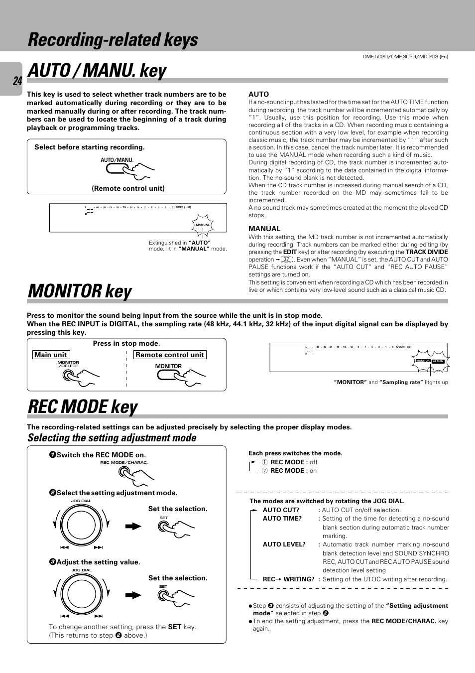 Recording-related keys auto / manu. key, Monitor key, Rec mode key | Selecting the setting adjustment mode, Manual, Switch the rec mode on, Select the setting adjustment mode, Set the selection | Kenwood DMF-5020 User Manual | Page 24 / 56