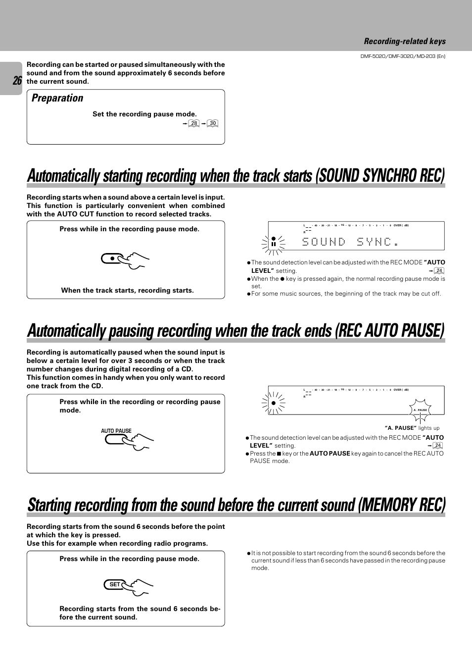 Preparation, Recording-related keys, Set the recording pause mode | Kenwood DMF-5020 User Manual | Page 26 / 56