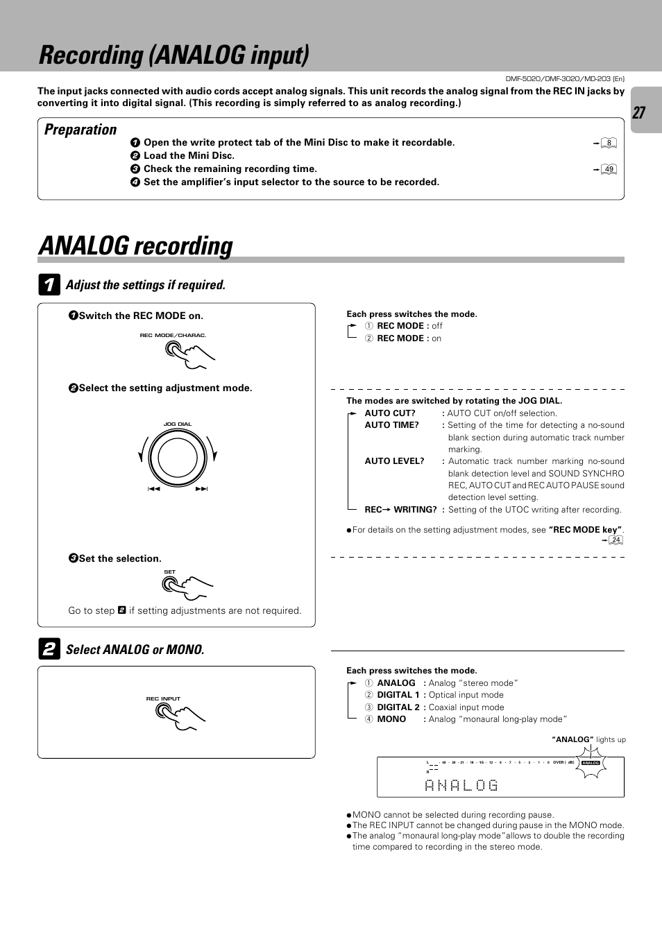 Recording (analog input), Analog recording, Preparation | Adjust the settings if required, Select analog or mono | Kenwood DMF-5020 User Manual | Page 27 / 56