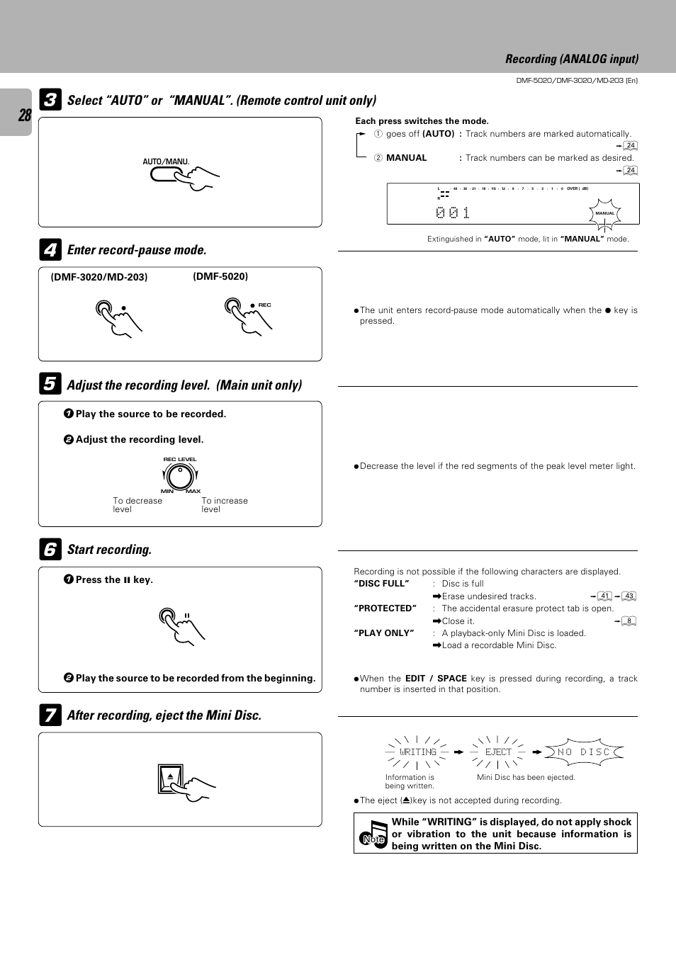 Enter record-pause mode, Recording (analog input) | Kenwood DMF-5020 User Manual | Page 28 / 56