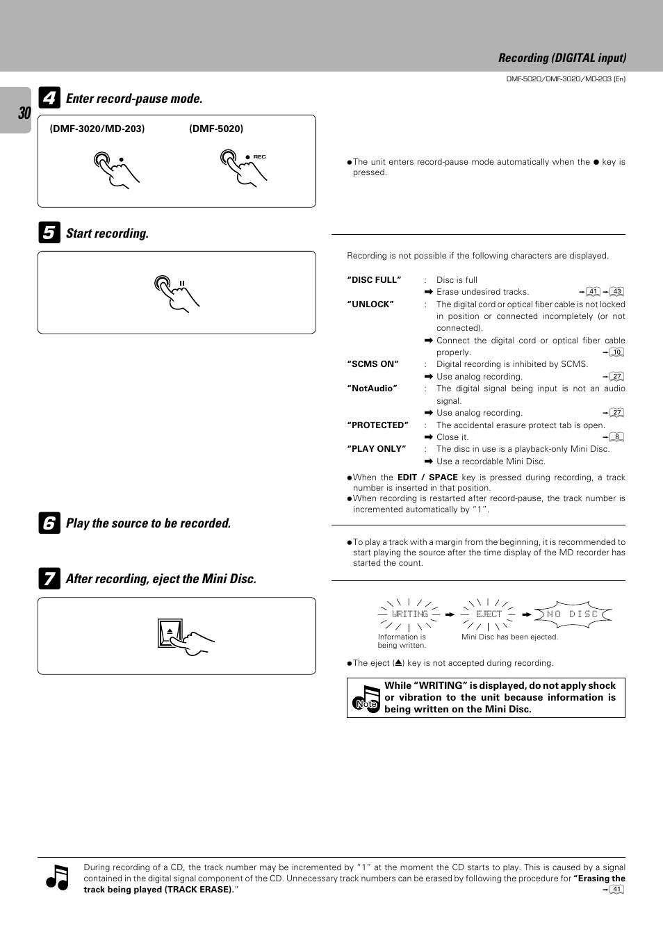 Enter record-pause mode, Start recording | Kenwood DMF-5020 User Manual | Page 30 / 56