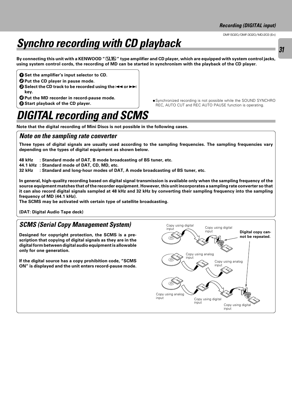 Synchro recording with cd playback, Digital recording and scms, Scms (serial copy management system) | Kenwood DMF-5020 User Manual | Page 31 / 56