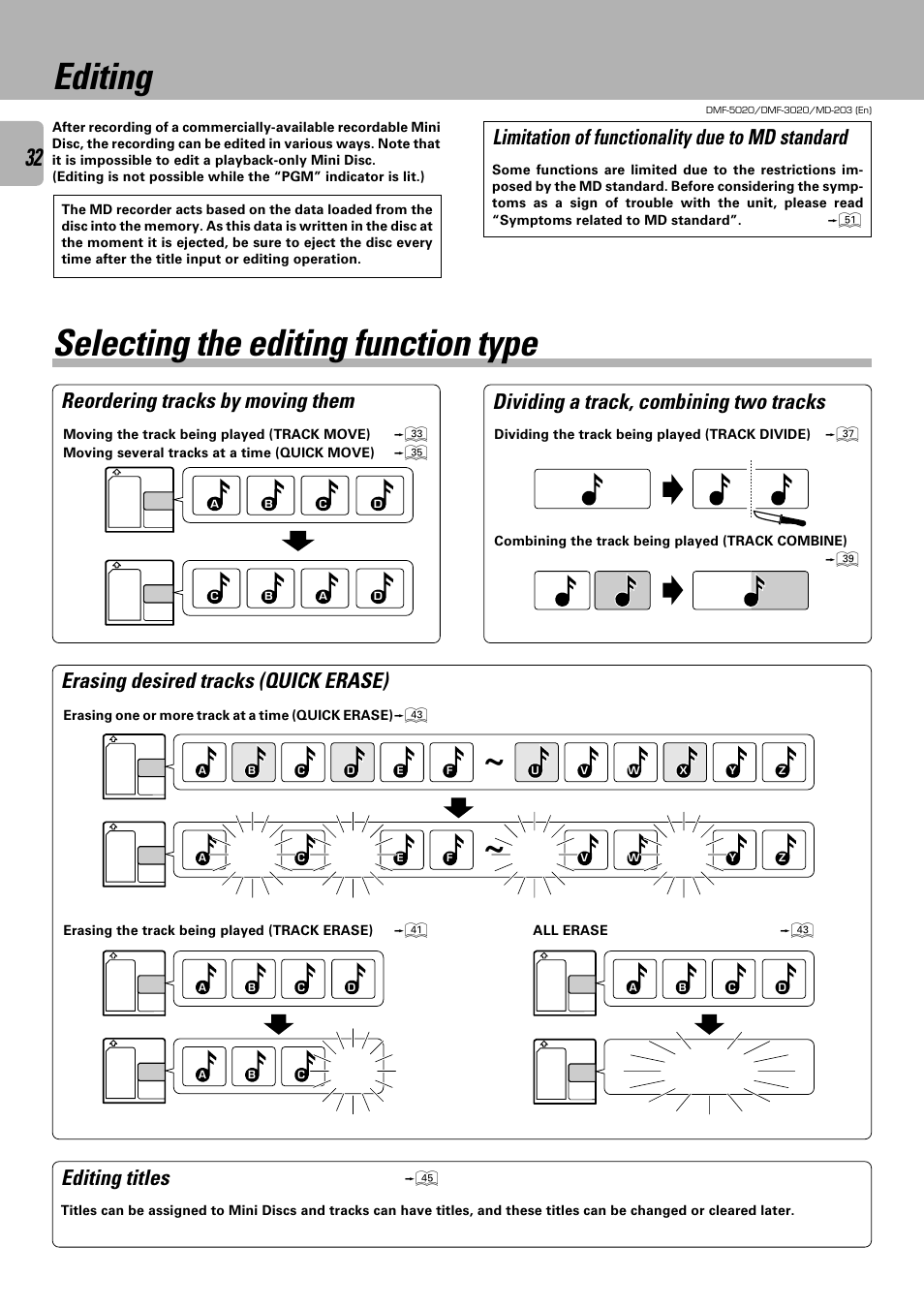 Editing, Selecting the editing function type, Erasing desired tracks (quick erase) | Reordering tracks by moving them, Dividing a track, combining two tracks | Kenwood DMF-5020 User Manual | Page 32 / 56