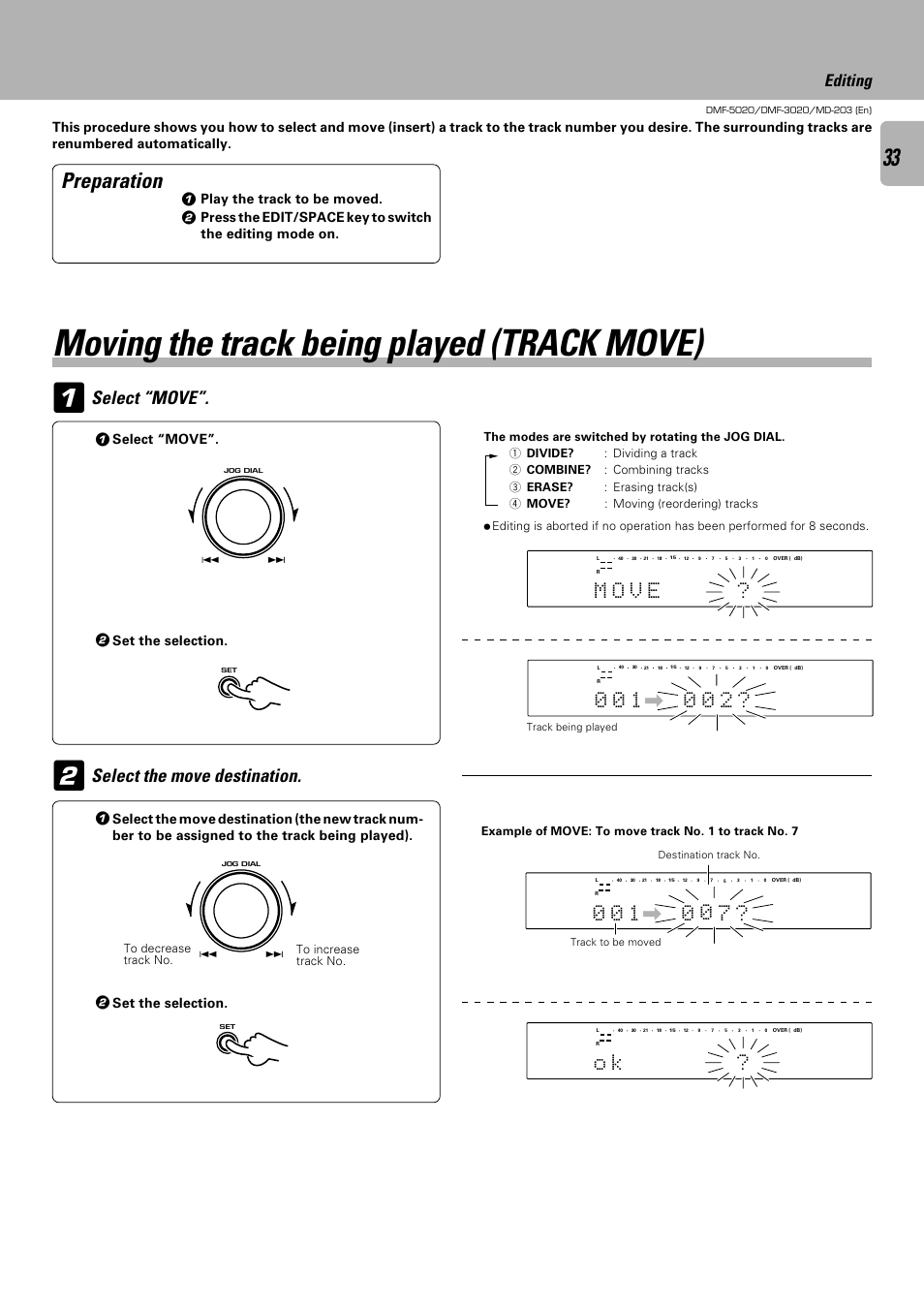 Moving the track being played (track move), Preparation, Select the move destination | Select “move, M o v e, Editing, Set the selection, Play the track to be moved | Kenwood DMF-5020 User Manual | Page 33 / 56