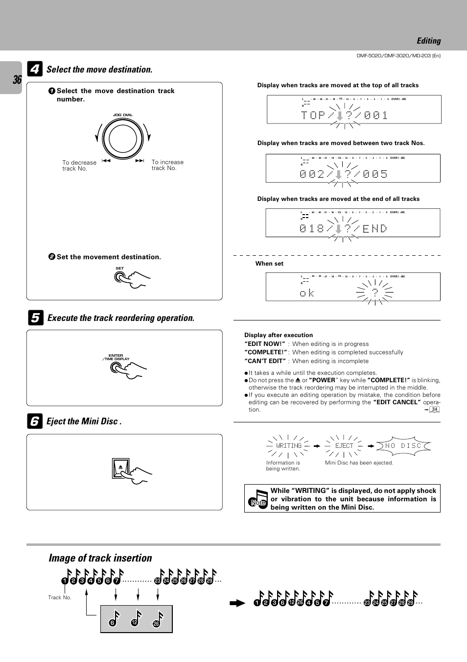 Image of track insertion, Select the move destination, P o t ? / 0 | 8 1 0 ? / e, Editing, Select the move destination track number, Set the movement destination | Kenwood DMF-5020 User Manual | Page 36 / 56