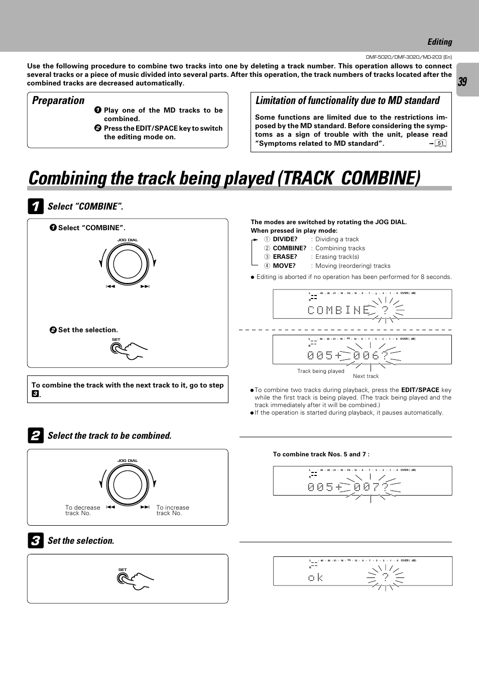 Combining the track being played (track combine), Preparation, Limitation of functionality due to md standard | Select “combine, Select the track to be combined, Editing, Play one of the md tracks to be combined, Set the selection | Kenwood DMF-5020 User Manual | Page 39 / 56