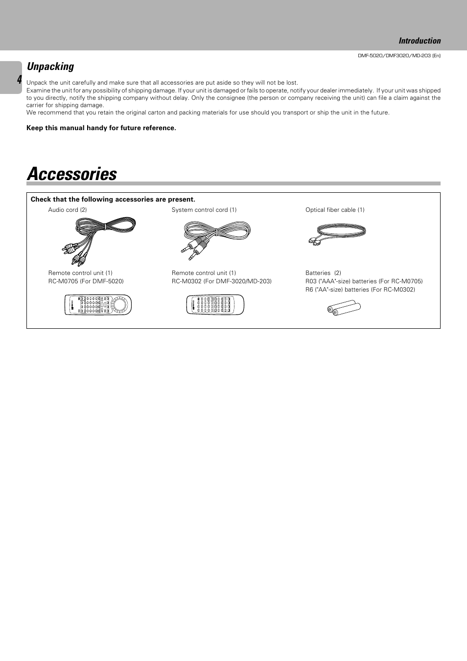 Accessories, Unpacking | Kenwood DMF-5020 User Manual | Page 4 / 56