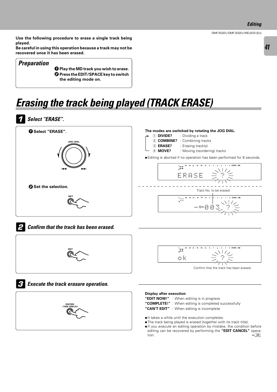 Erasing the track being played (track erase), Preparation, Confirm that the track has been erased | Editing, Play the md track you wish to erase, Select “erase, Set the selection | Kenwood DMF-5020 User Manual | Page 41 / 56