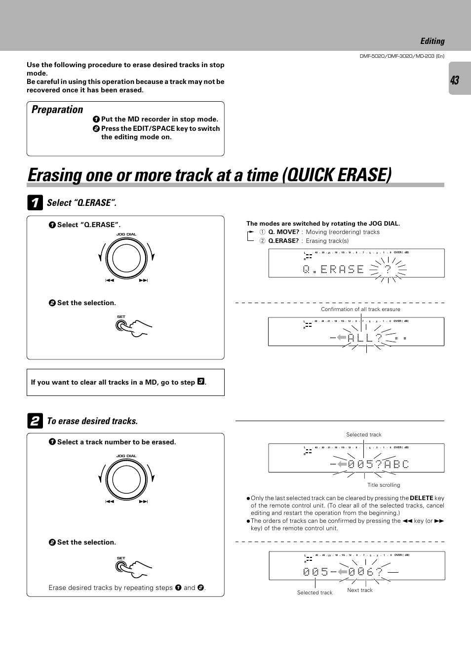 Erasing one or more track at a time (quick erase), Preparation, Select “q.erase | E r q . a s e, 5 ? b c a 0 0, Lч ч ? l a, Editing, Set the selection, Erase desired tracks by repeating steps 1 and 2, Put the md recorder in stop mode | Kenwood DMF-5020 User Manual | Page 43 / 56