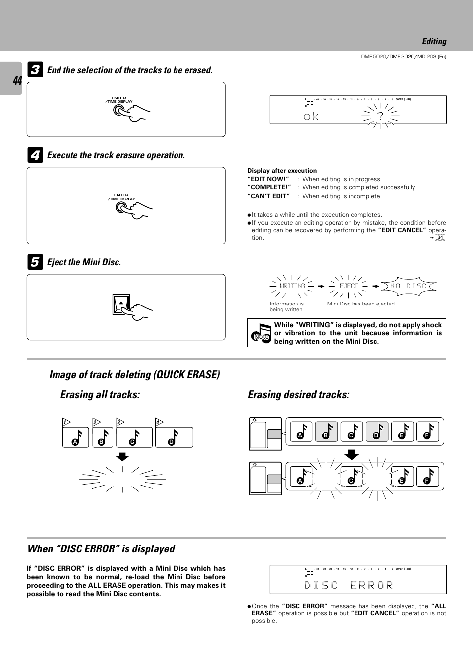 Image of track deleting (quick erase), When “disc error” is displayed, Erasing desired tracks: erasing all tracks | End the selection of the tracks to be erased, Editing | Kenwood DMF-5020 User Manual | Page 44 / 56