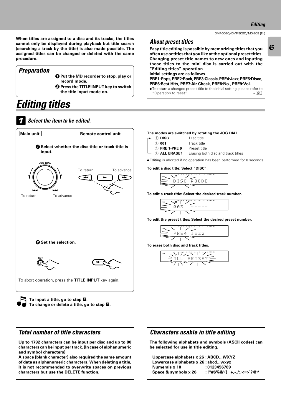 Editing titles, Characters usable in title editing, Total number of title characters | Preparation, About preset titles, Select the item to be edited, Editing, Put the md recorder to stop, play or record mode, Main unit remote control unit, P r e 4 z z a j | Kenwood DMF-5020 User Manual | Page 45 / 56