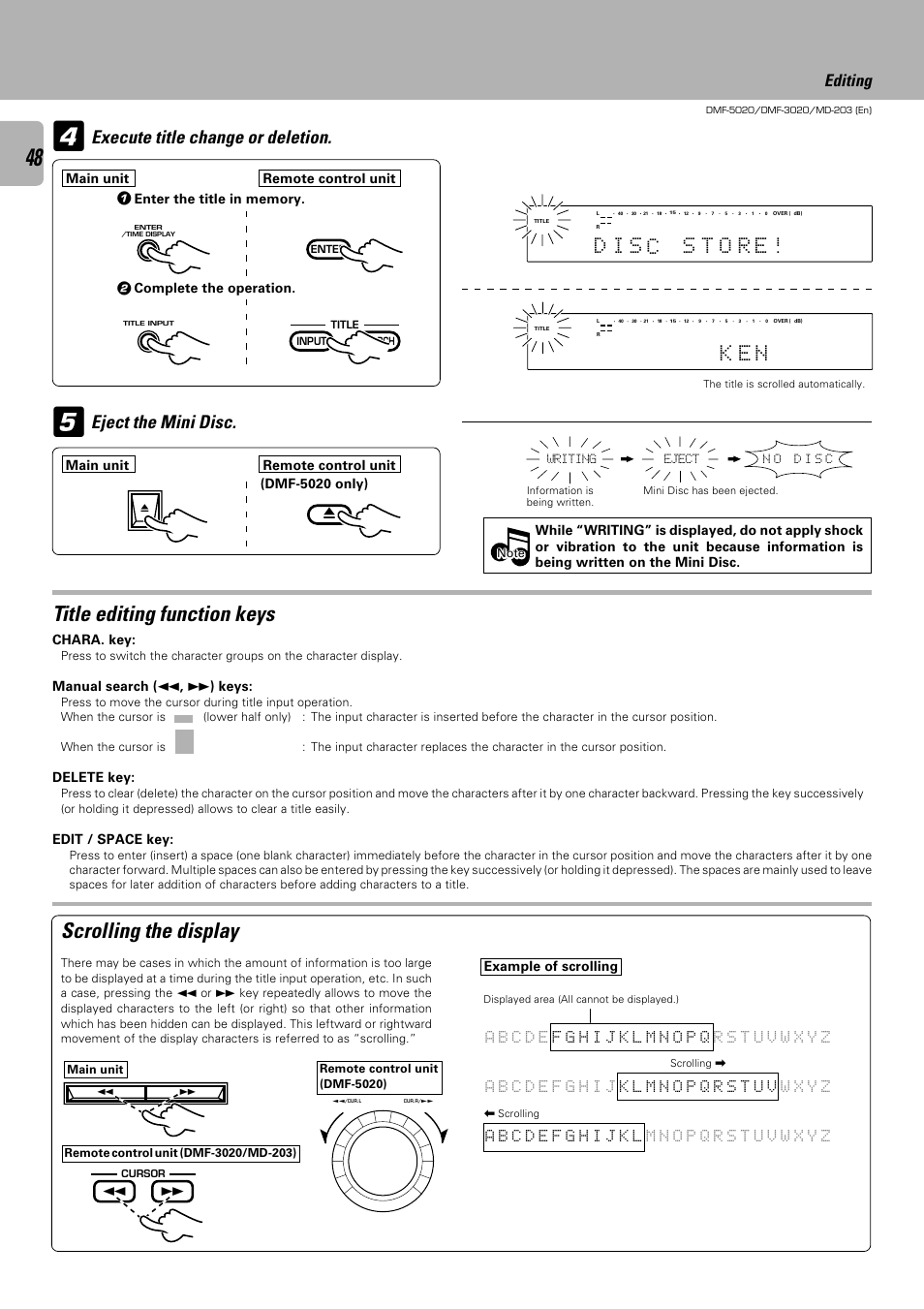 Scrolling the display, Title editing function keys, K e n | O r e, Editing, Chara. key, Manual search ( 1 , ¡ ) keys, Delete key, Edit / space key, Example of scrolling | Kenwood DMF-5020 User Manual | Page 48 / 56