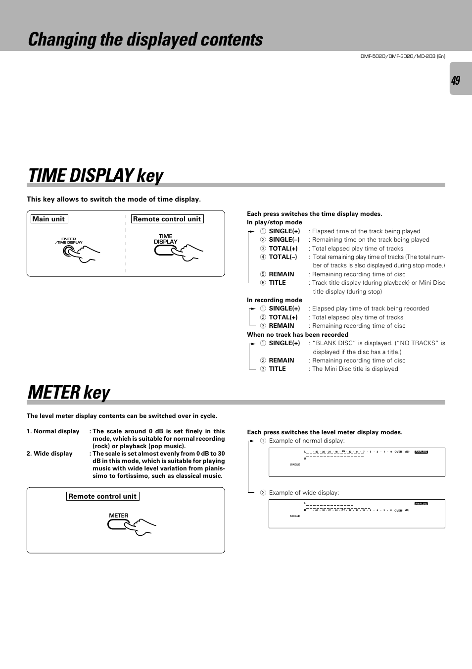 Changing the displayed contents, Meter key time display key, This key allows to switch the mode of time display | Main unit remote control unit remote control unit | Kenwood DMF-5020 User Manual | Page 49 / 56