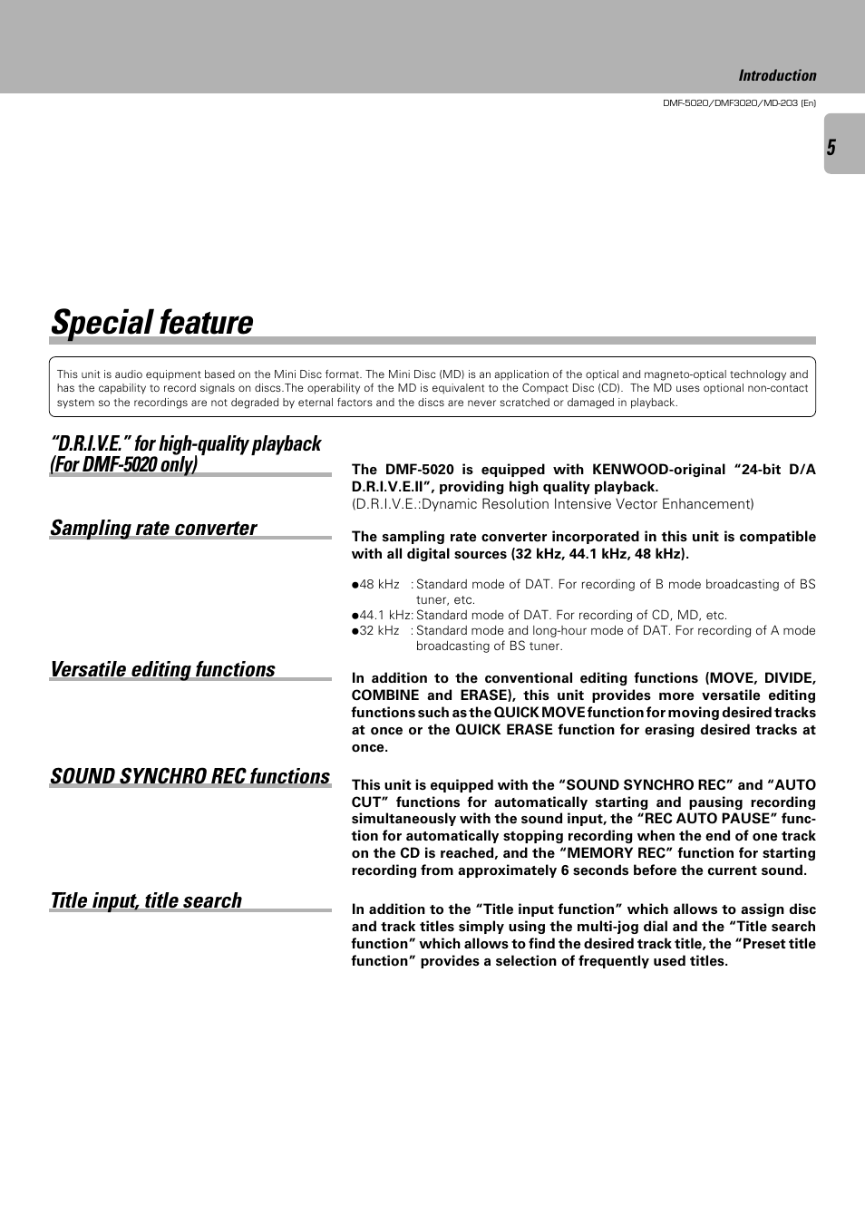 Special feature, Sampling rate converter, Sound synchro rec functions | Kenwood DMF-5020 User Manual | Page 5 / 56