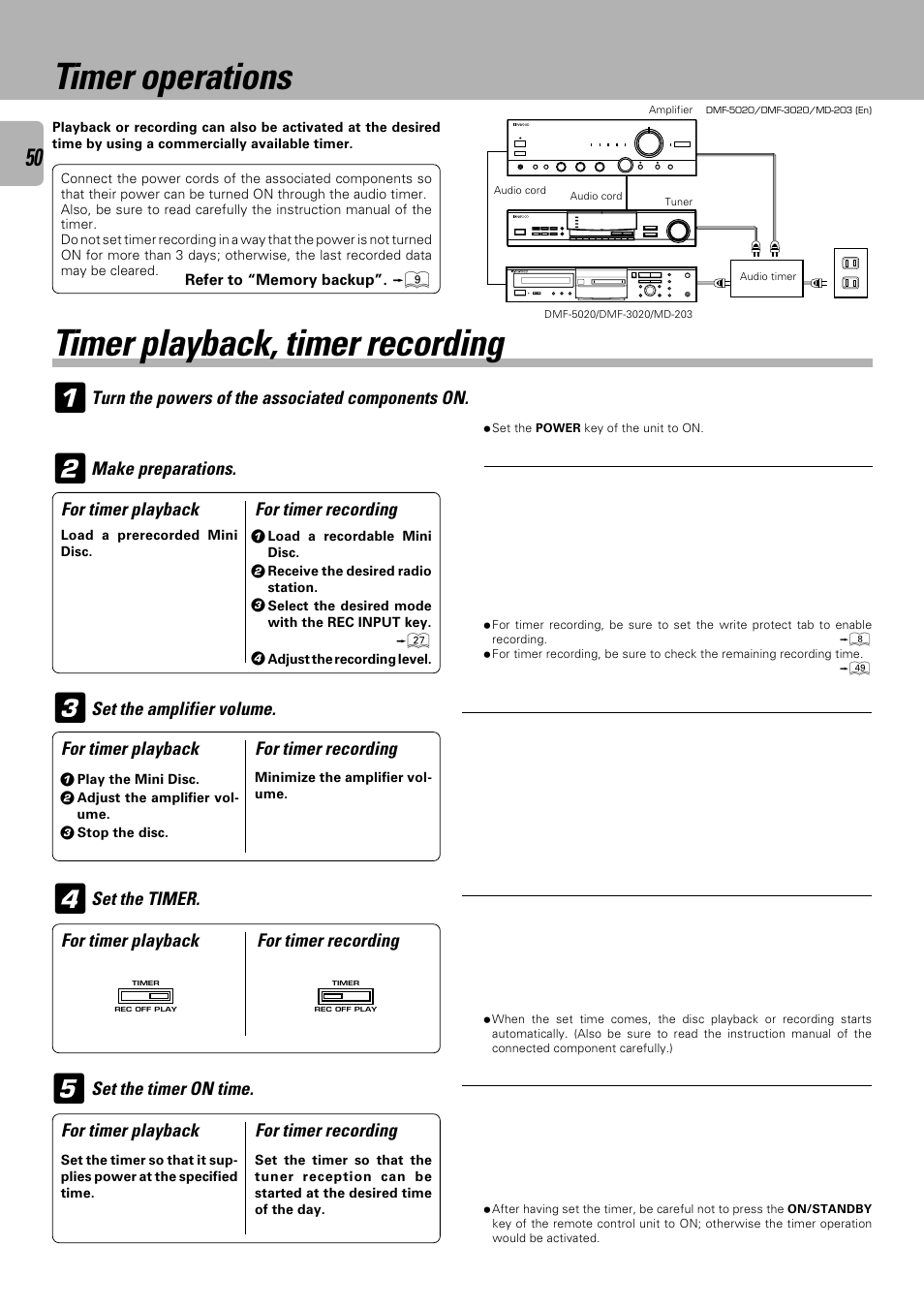 Timer operations, Timer playback, timer recording | Kenwood DMF-5020 User Manual | Page 50 / 56