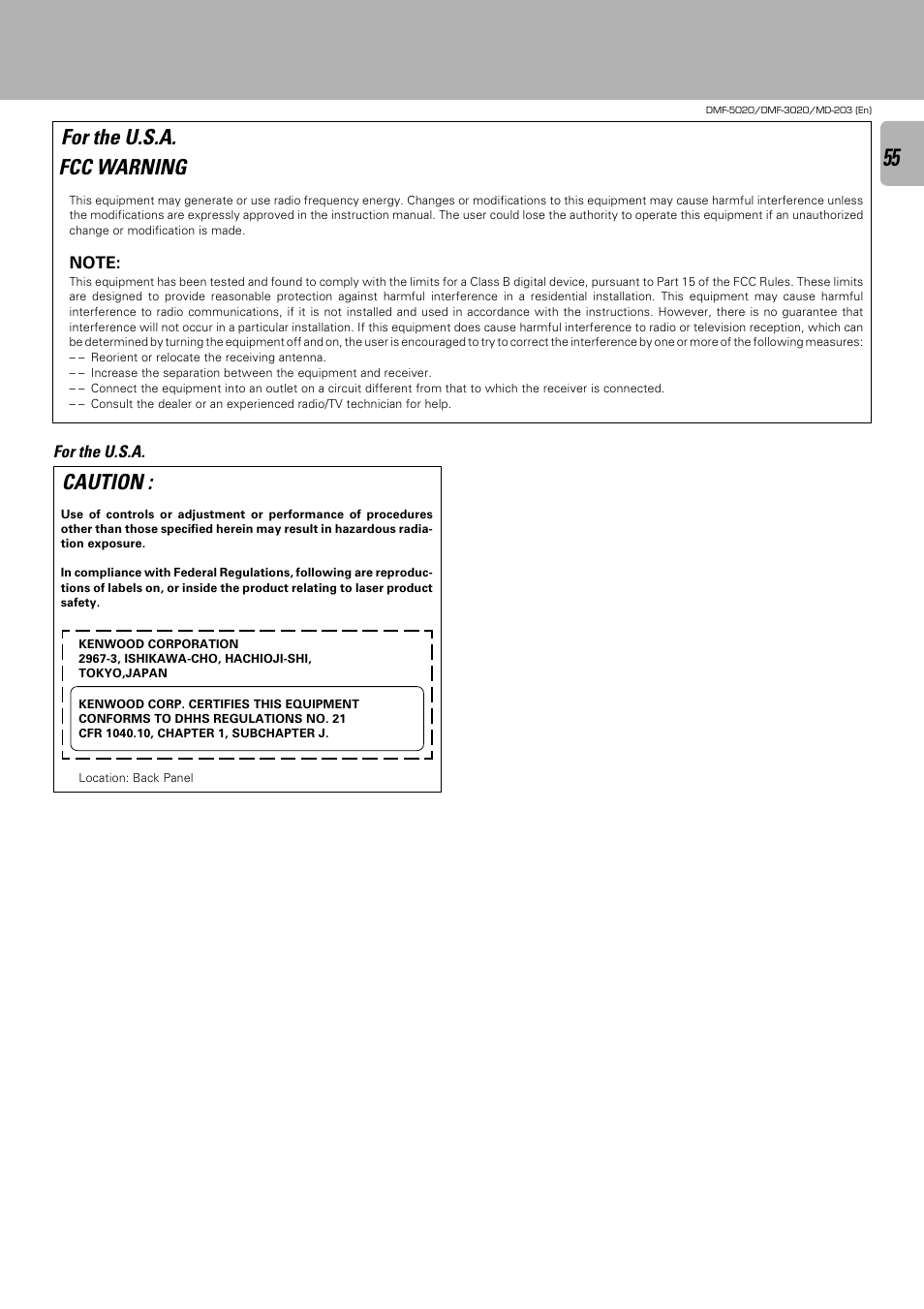 For the u.s.a, Fcc warning, Caution | Kenwood DMF-5020 User Manual | Page 55 / 56