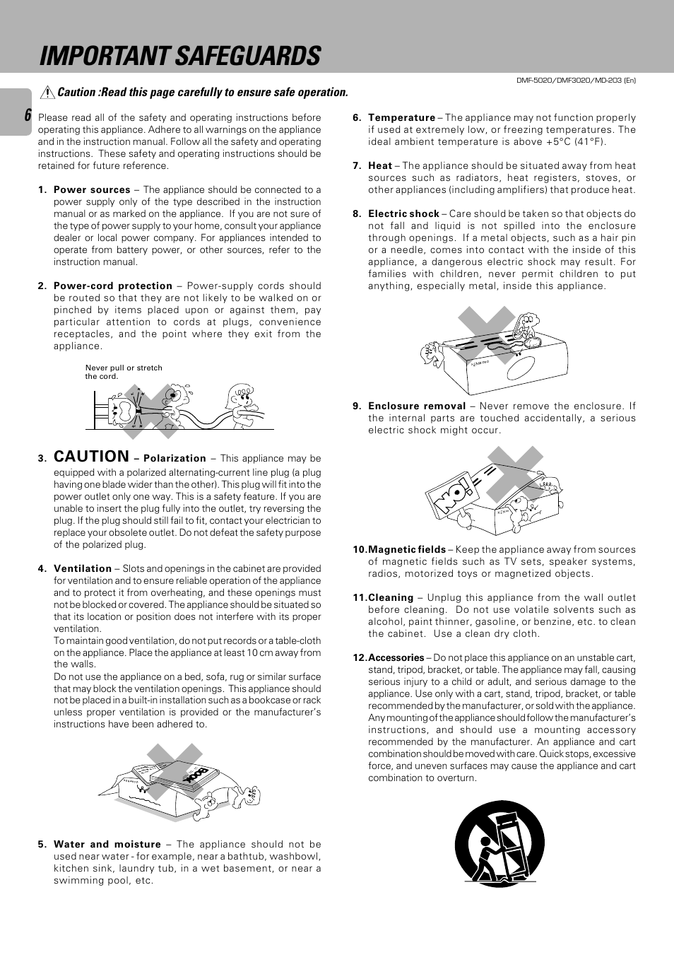 Important safeguards, Caution | Kenwood DMF-5020 User Manual | Page 6 / 56