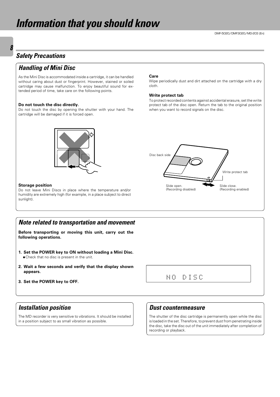 Information that you should know, Safety precautions, Handling of mini disc | Installation position, Dust countermeasure | Kenwood DMF-5020 User Manual | Page 8 / 56