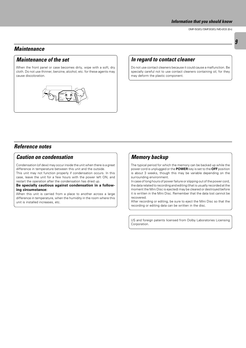 Caution on condensation, Maintenance | Kenwood DMF-5020 User Manual | Page 9 / 56