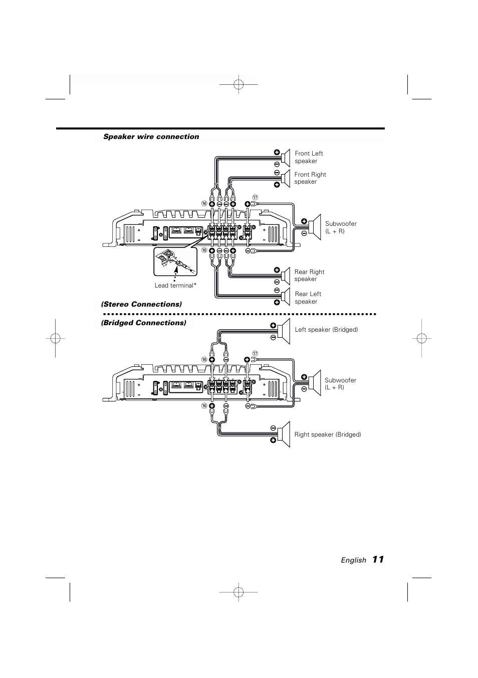 English, Speaker wire connection, Stereo connections) | Bridged connections), Lead terminal, Rear left speaker rear right speaker | Kenwood KAC-PS650D User Manual | Page 11 / 44