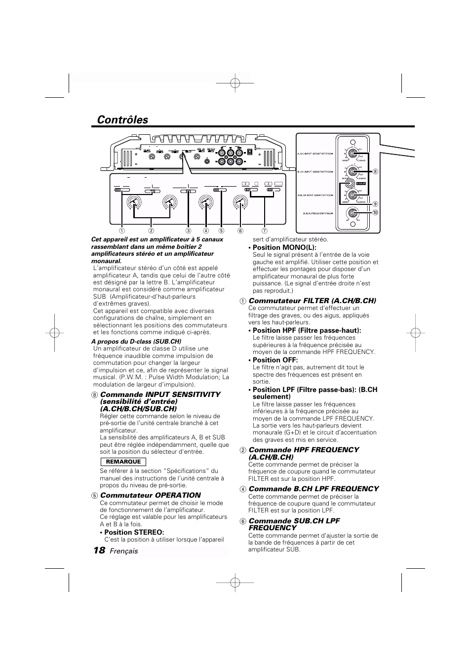 Contrôles, 5 commutateur operation, Position stereo | Position mono(l), 1 commutateur filter (a.ch/b.ch), Position hpf (filtre passe-haut), Position off, Position lpf (filtre passe-bas): (b.ch seulement), 2 commande hpf frequency (a.ch/b.ch), 4 commande b.ch lpf frequency | Kenwood KAC-PS650D User Manual | Page 18 / 44