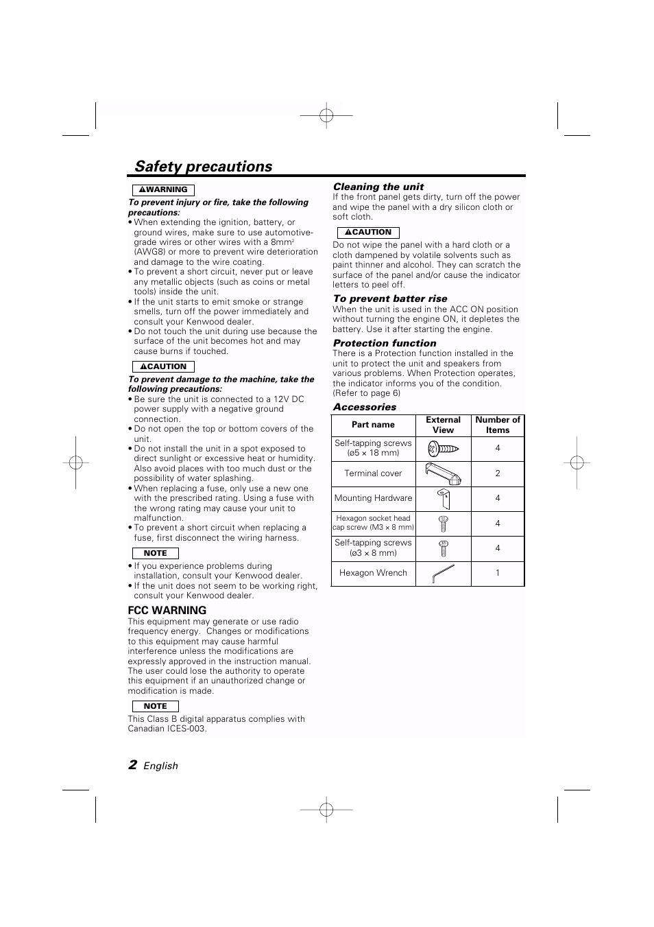 Safety precautions, Fcc warning | Kenwood KAC-PS650D User Manual | Page 2 / 44