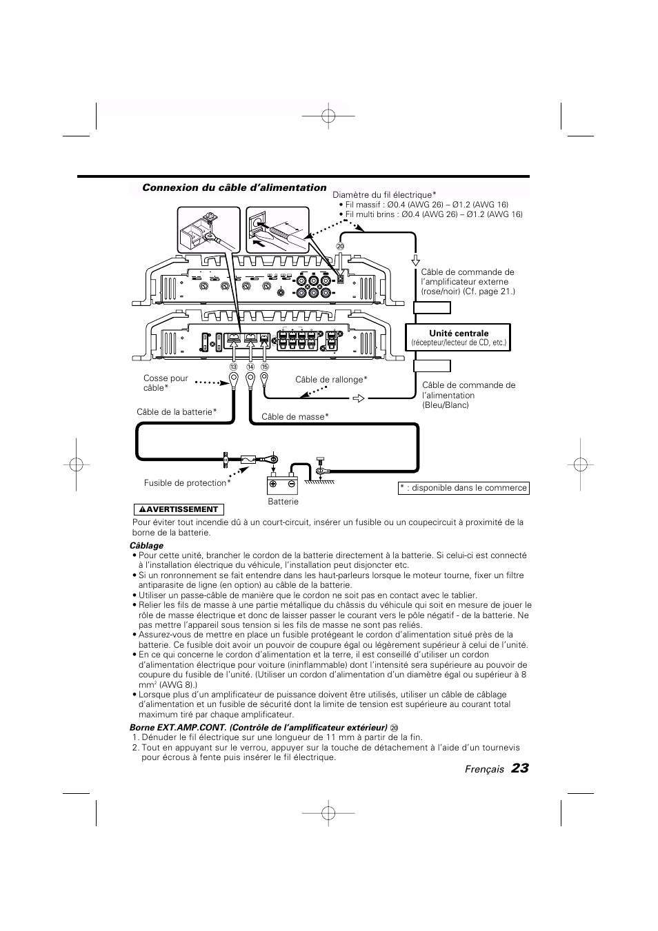 Frençais, Connexion du câble d’alimentation, 11 mm | 2 avertissement | Kenwood KAC-PS650D User Manual | Page 23 / 44