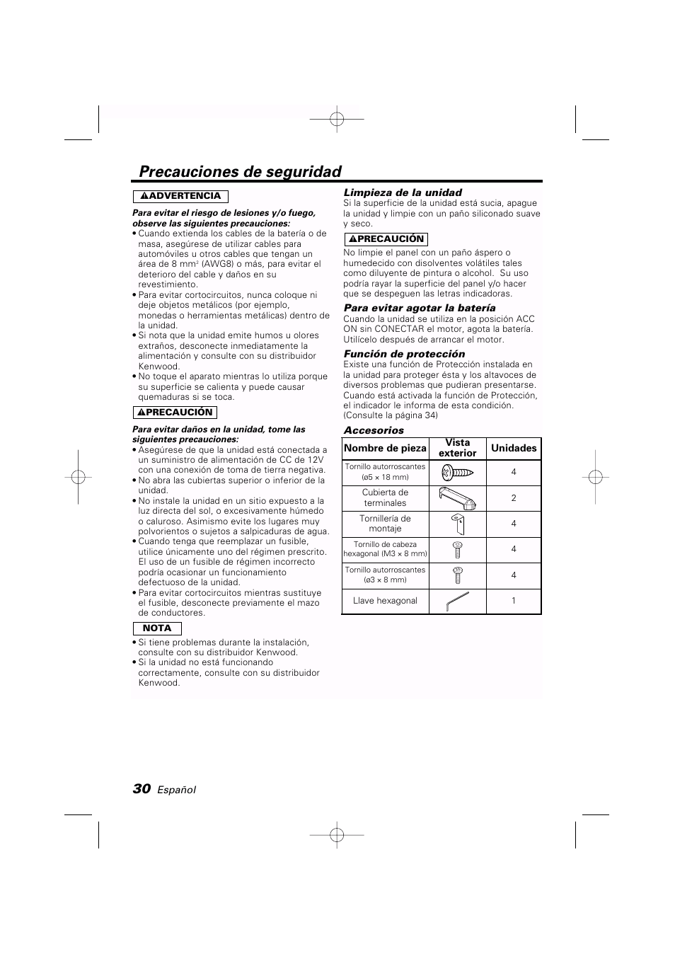 Precauciones de seguridad | Kenwood KAC-PS650D User Manual | Page 30 / 44