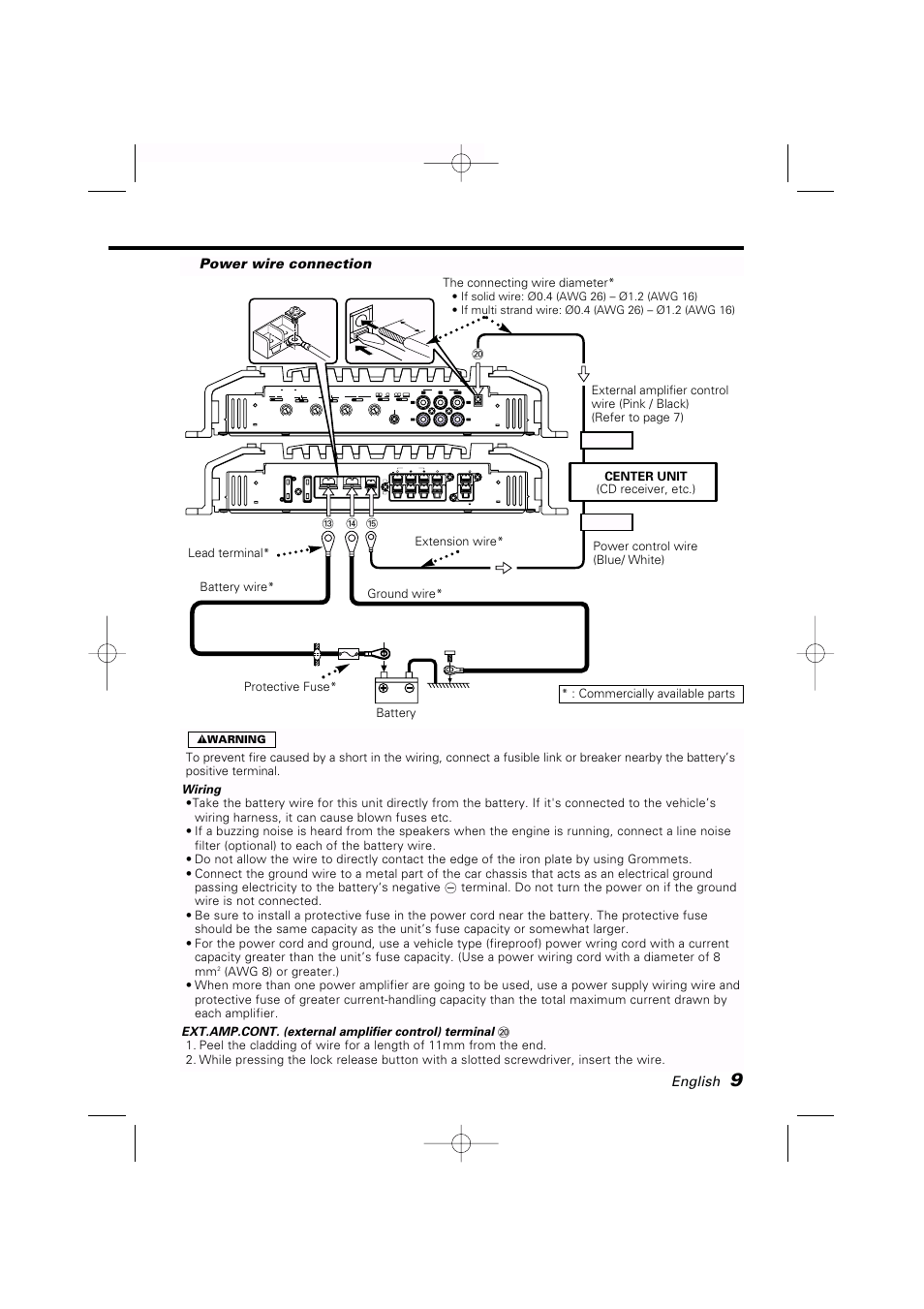 English, Power wire connection, 11 mm | 2 warning | Kenwood KAC-PS650D User Manual | Page 9 / 44