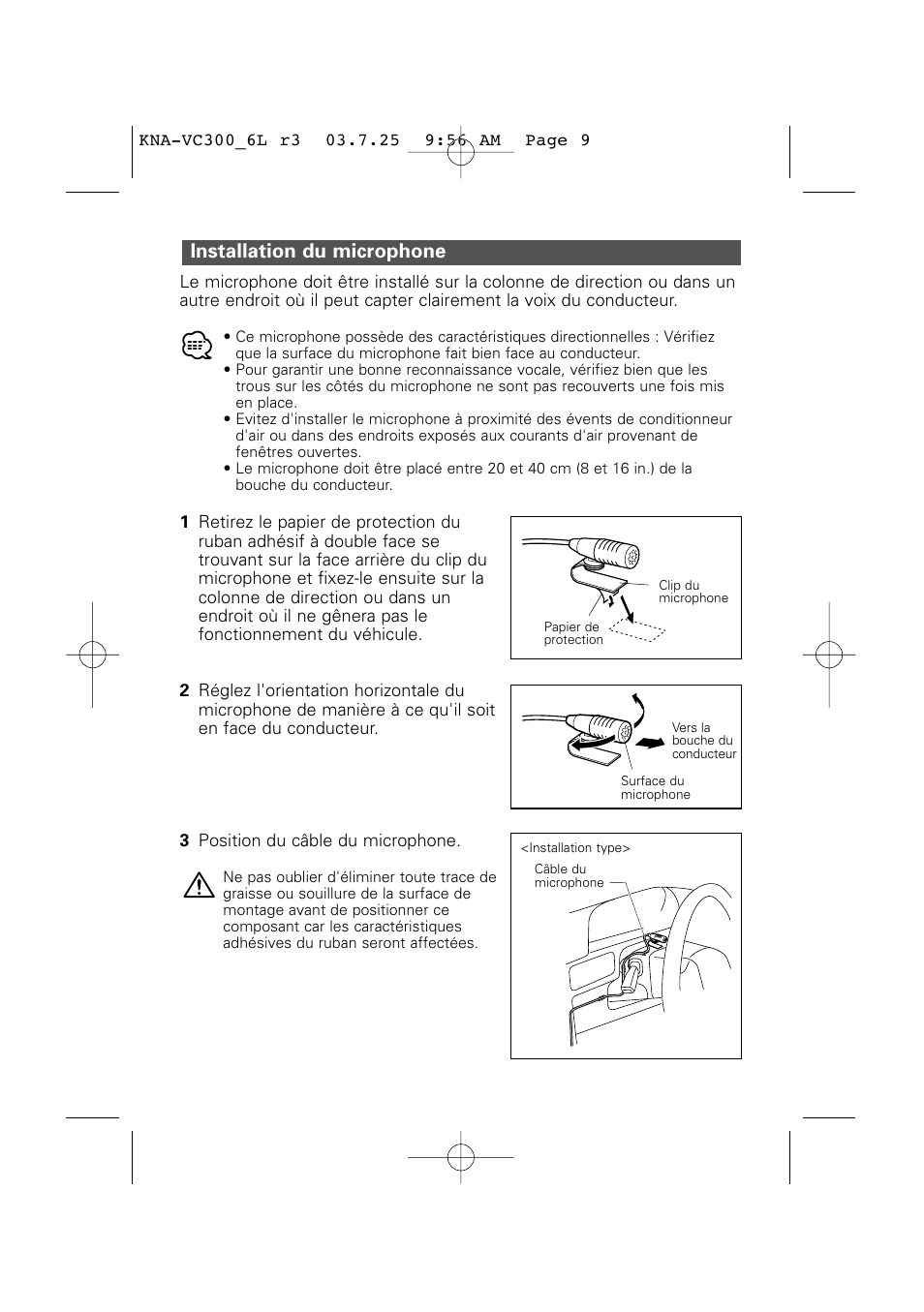 Installation du microphone | Kenwood KNA-VC300 User Manual | Page 7 / 16