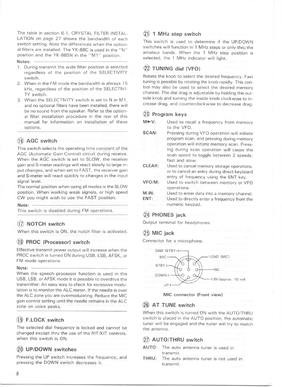 Jj) agc switch, Notch switch, Proc (processor) switch | Jj) f.lock switch, Up/down switches, 1 mhz step switch, Tuning dial (vfo), Program keys, Phones jack, Mic jack | Kenwood TS-440S User Manual | Page 10 / 57