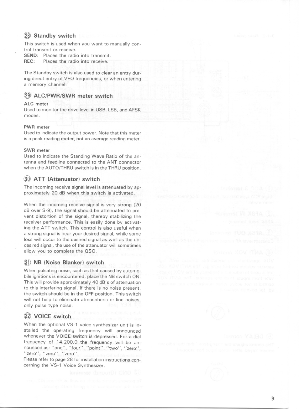 Standby switch, Alc/pwr/swr meter switch, Att (attenuator) switch | Nb (noise blanker) switch, Voice switch | Kenwood TS-440S User Manual | Page 11 / 57