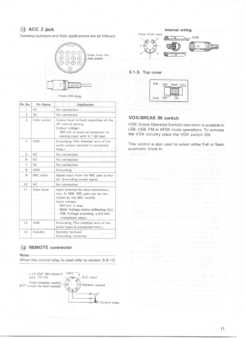 Acc 2 jack, Internal wiring, 1-3. top cover | Vox/break in switch, Q) remote connector | Kenwood TS-440S User Manual | Page 13 / 57