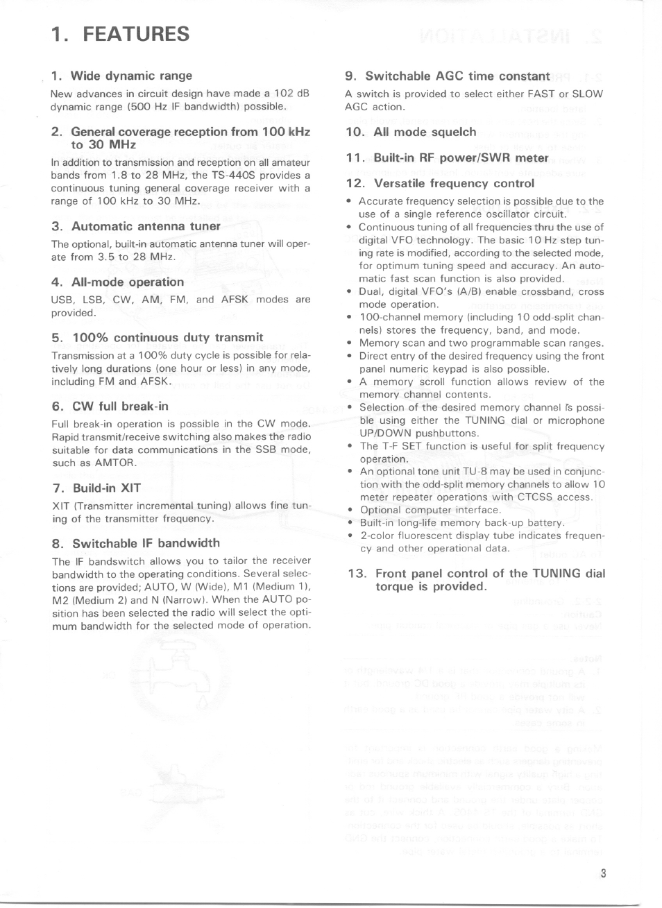 Features, Wide dynamic range, General coverage reception from 100 khz to 30 mhz | Automatic antenna tuner, All-mode operation, 100% continuous duty transmit, Cw full break-in, Build-in xit, Switchable if bandwidth, Switchable agc time constant | Kenwood TS-440S User Manual | Page 3 / 57