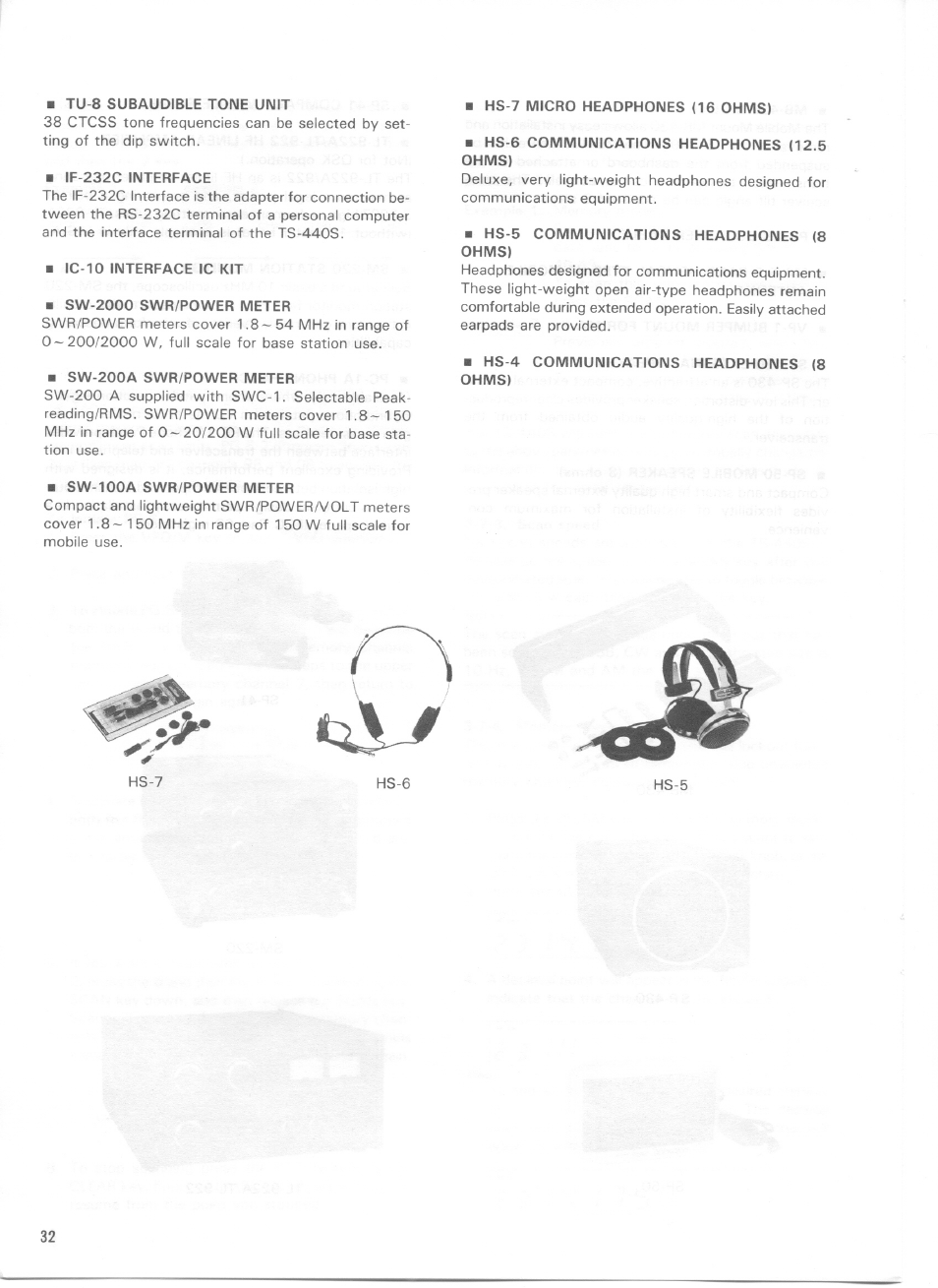 Tu-8 subaudible tone unit, If-232c interface, Ic-10 interface 1c kit | Sw-2000 swr/power meter, Sw-200a swr/power meter, Hs-7 micro headphones (16 ohms), Hs-6 communications headphones (12.5 ohms), Hs-5 communications headphones (8 ohms), Communications headphones (8, Sw-100a swr/power meter | Kenwood TS-440S User Manual | Page 34 / 57