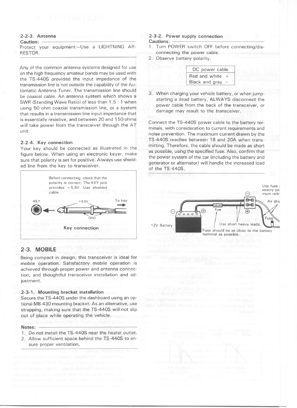 2-3. antenna caution, 2-4. key connection, 3-2. power supply connection | 3. mobile, 3-1. mounting bracket installation, Notes | Kenwood TS-440S User Manual | Page 5 / 57