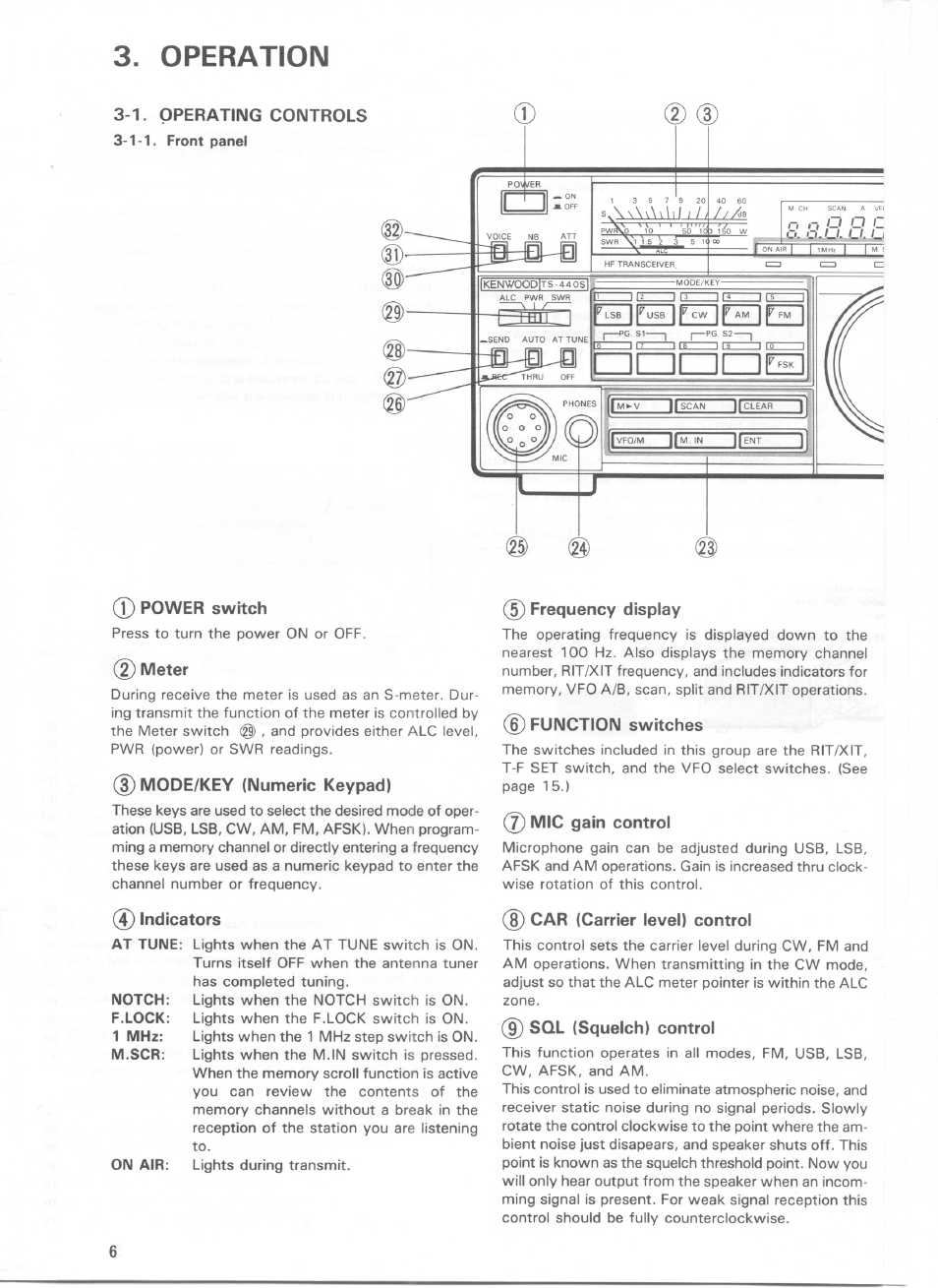 Operation, 1. operating controls, 1-1. front panel | 0 power switch, 2) meter, Mode/key (numeric keypad), Indicators, Frequency display, D function switches, J) mic gain control | Kenwood TS-440S User Manual | Page 7 / 57