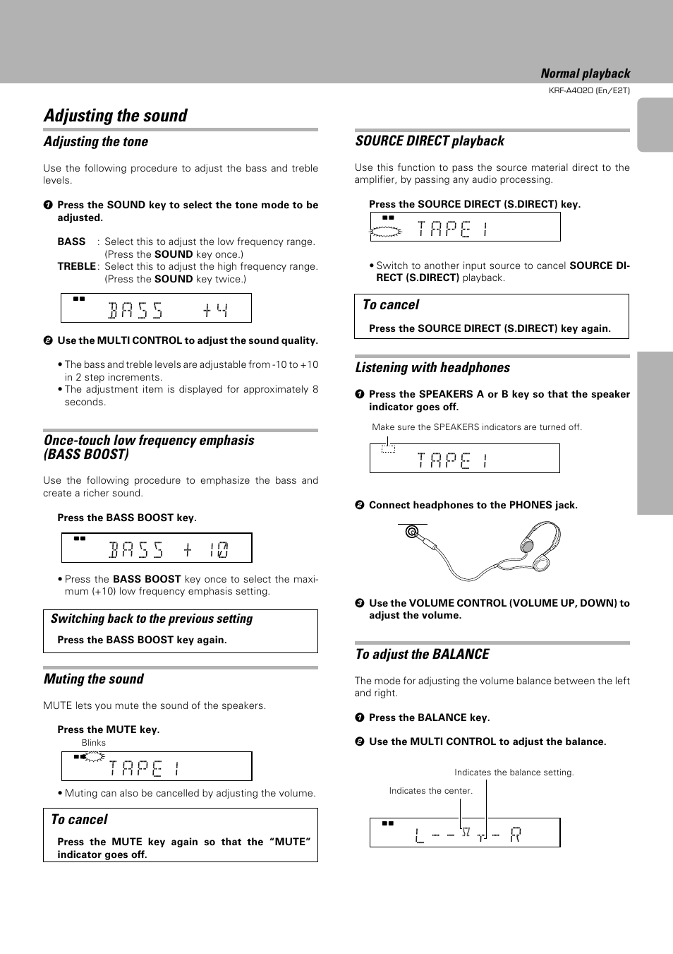 Adjusting the sound, Adjusting the tone, Once-touch low frequency emphasis (bass boost) | Muting the sound, Listening with headphones, Source direct playback | Kenwood KRF-A4020 User Manual | Page 11 / 20