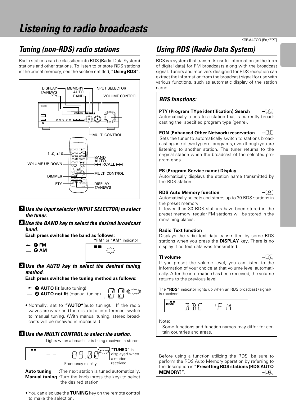 Listening to radio broadcasts, B b c 1 f m, Tuning (non-rds) radio stations | Using rds (radio data system), Rds functions, Use the multi control to select the station | Kenwood KRF-A4020 User Manual | Page 13 / 20