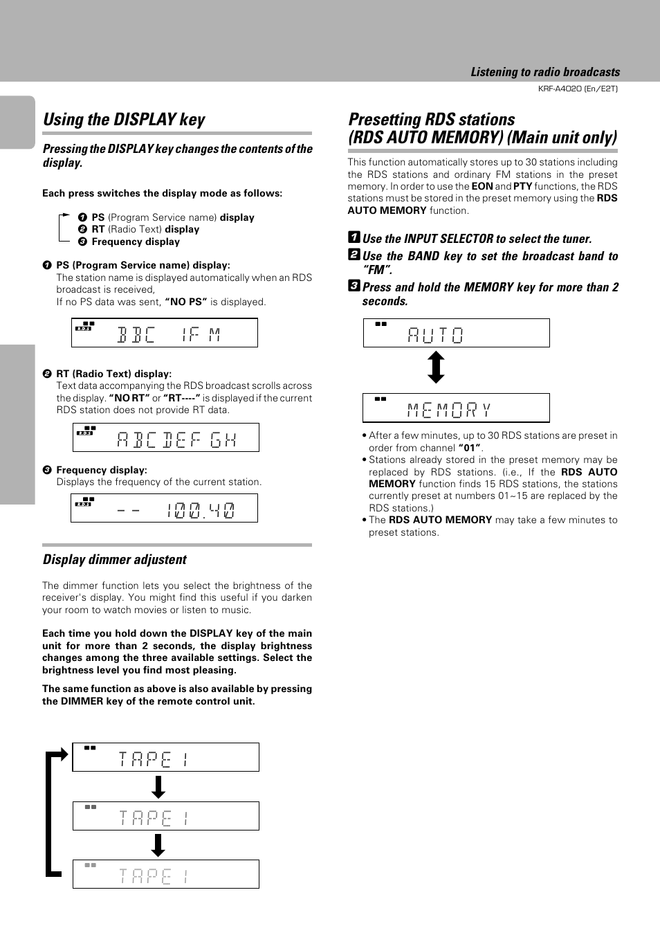 B b c 1 f m, A u t o, Using the display key | Display dimmer adjustent, Use the input selector to select the tuner, Use the band key to set the broadcast band to “fm, Listening to radio broadcasts | Kenwood KRF-A4020 User Manual | Page 14 / 20