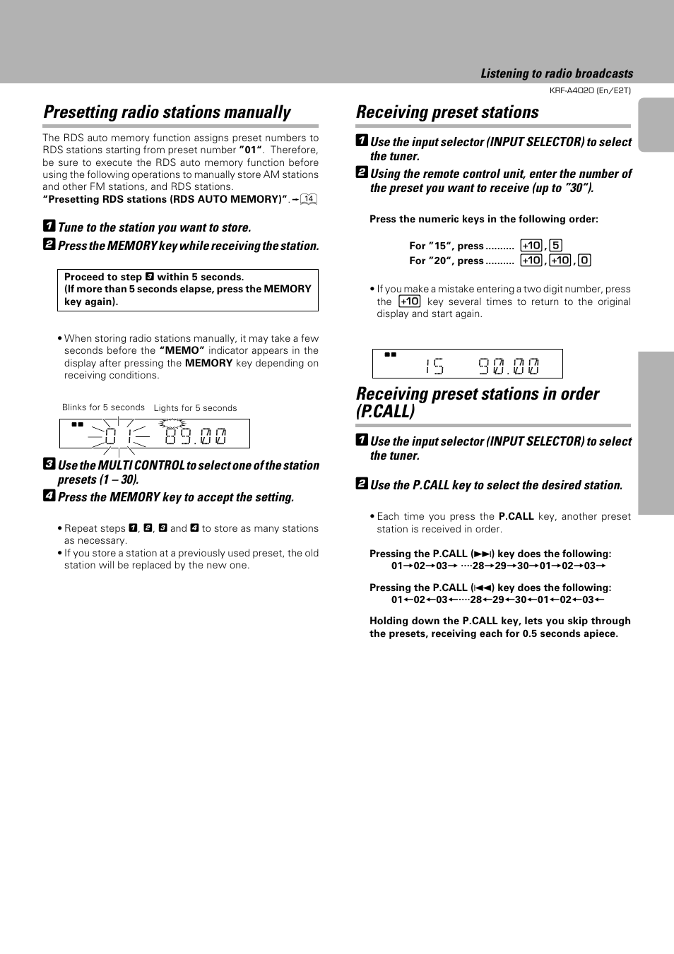 Receiving preset stations, Receiving preset stations in order (p.call), Presetting radio stations manually | Kenwood KRF-A4020 User Manual | Page 15 / 20