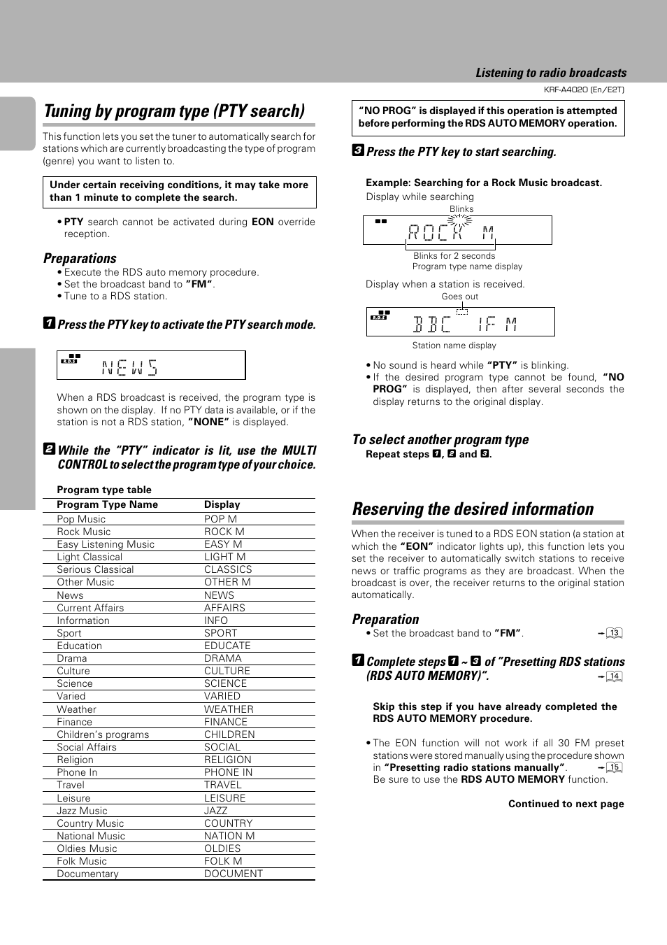 N e w s, B b c 1 f m, Tuning by program type (pty search) | Reserving the desired information, Preparations, Preparation, Press the pty key to activate the pty search mode, Press the pty key to start searching, Listening to radio broadcasts | Kenwood KRF-A4020 User Manual | Page 16 / 20