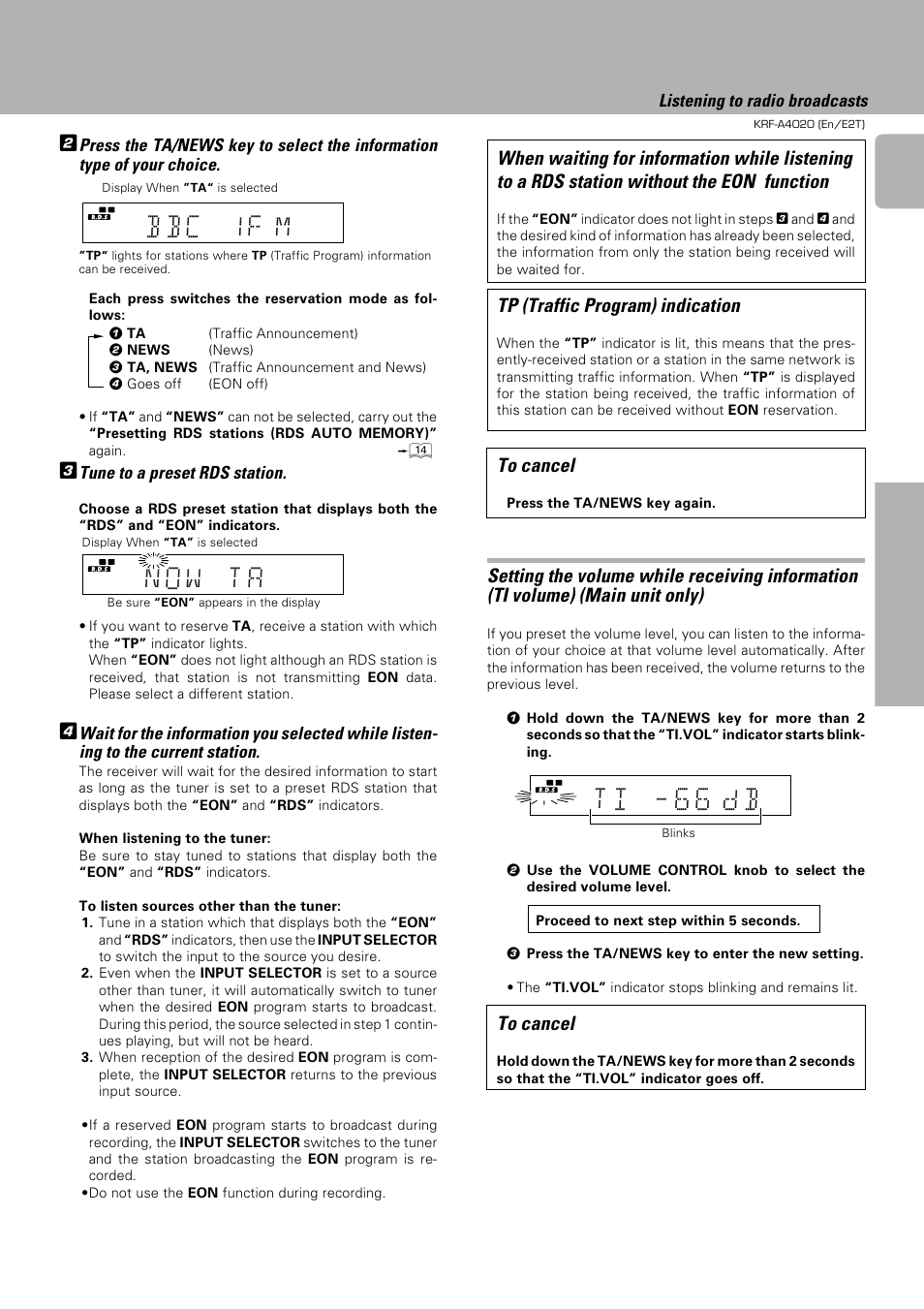 B b c 1 f m, T i - 6 6 d b, Tp (traffic program) indication | Tune to a preset rds station, Listening to radio broadcasts, Operations preparations other | Kenwood KRF-A4020 User Manual | Page 17 / 20