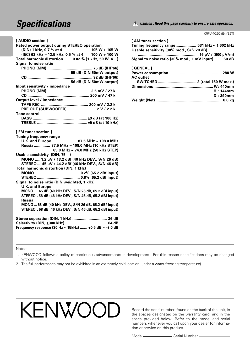 Specifications, For your records | Kenwood KRF-A4020 User Manual | Page 20 / 20