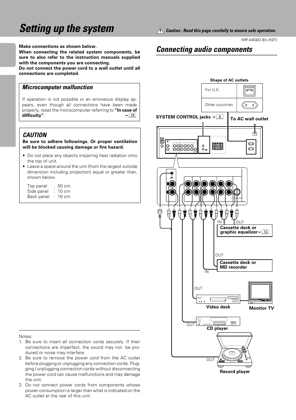 Setting up the system, Connecting audio components, Microcomputer malfunction | Caution | Kenwood KRF-A4020 User Manual | Page 4 / 20