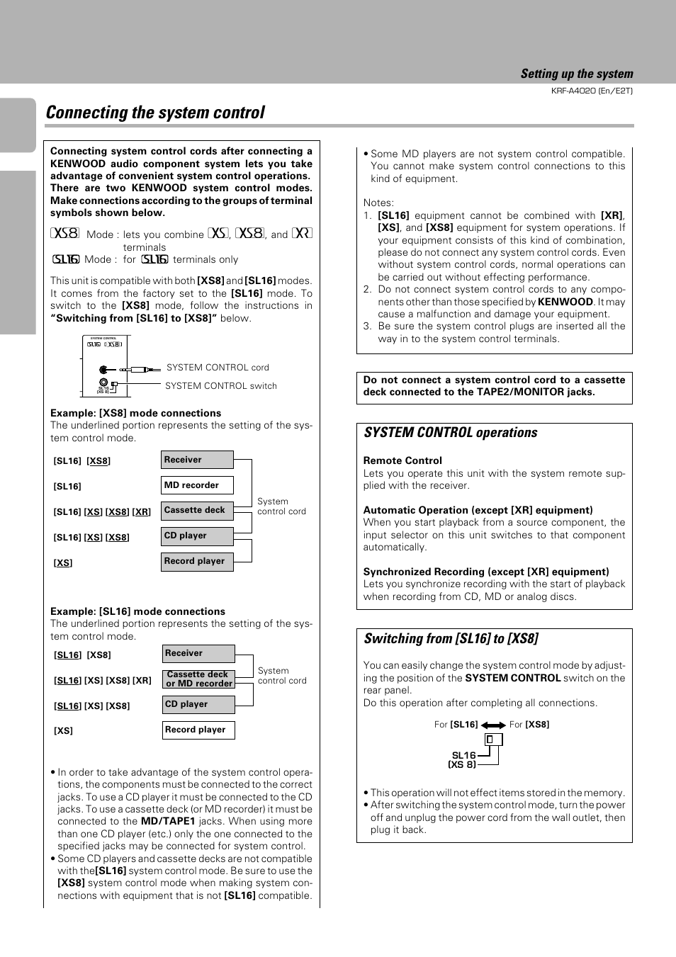 Connecting the system control, System control operations, Switching from [sl16] to [xs8 | Setting up the system | Kenwood KRF-A4020 User Manual | Page 6 / 20