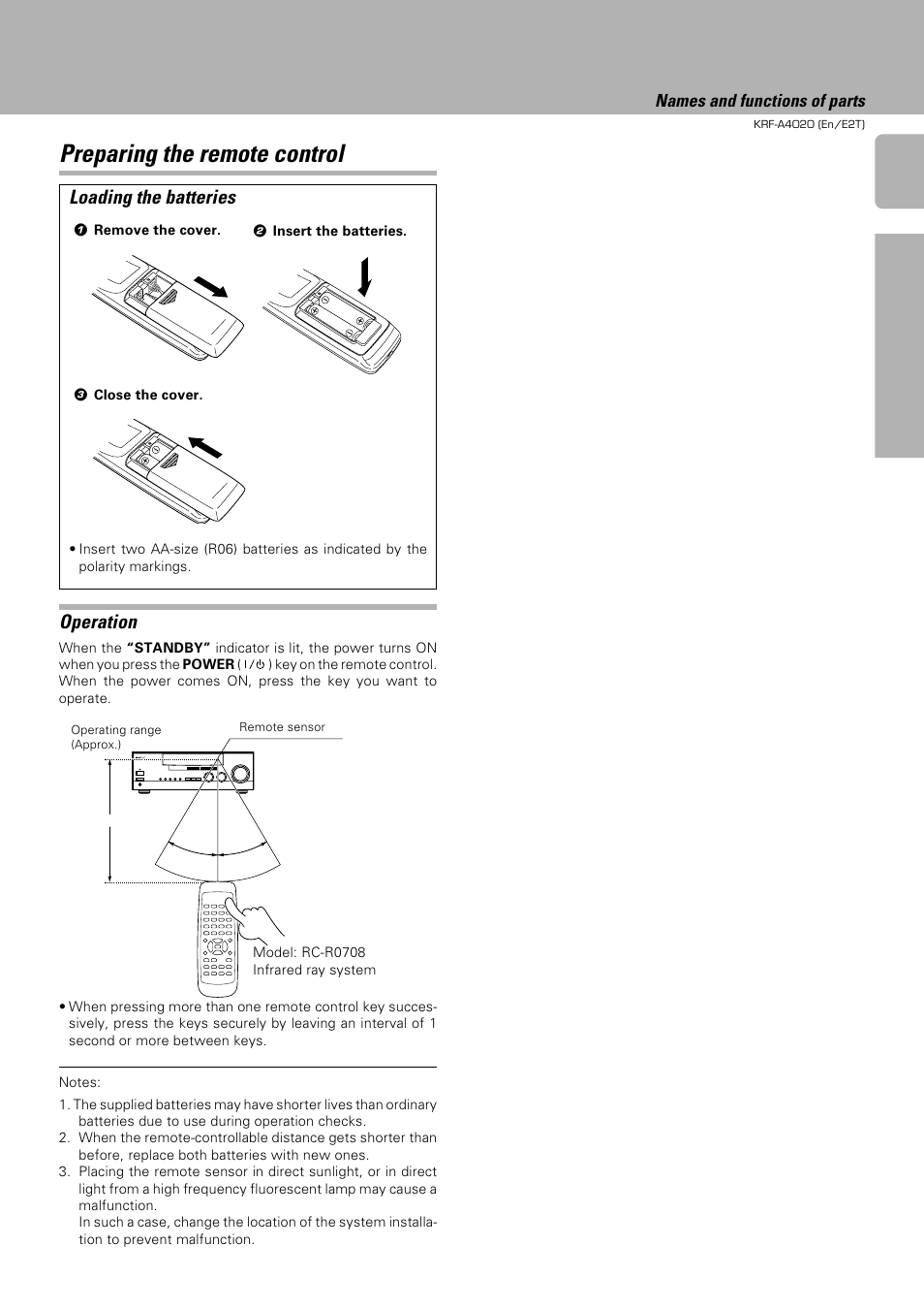 Preparing the remote control, Loading the batteries, Operation | Kenwood KRF-A4020 User Manual | Page 9 / 20