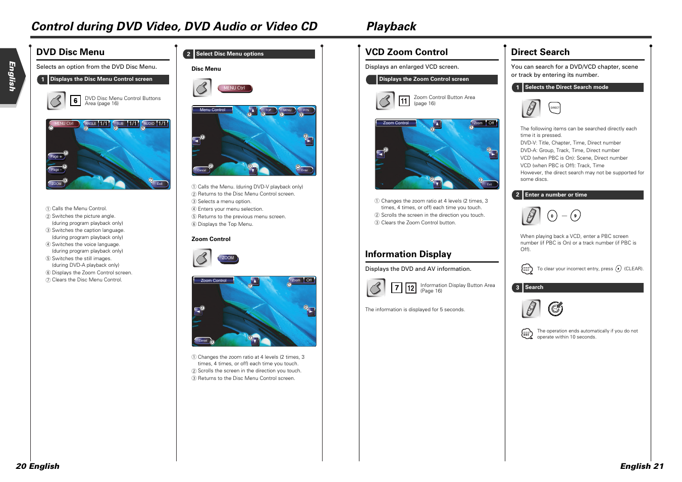 Vcd zoom control, Information display, Direct search | Dvd disc menu, English 21 english 20 english | Kenwood KVT-915DVD User Manual | Page 11 / 57